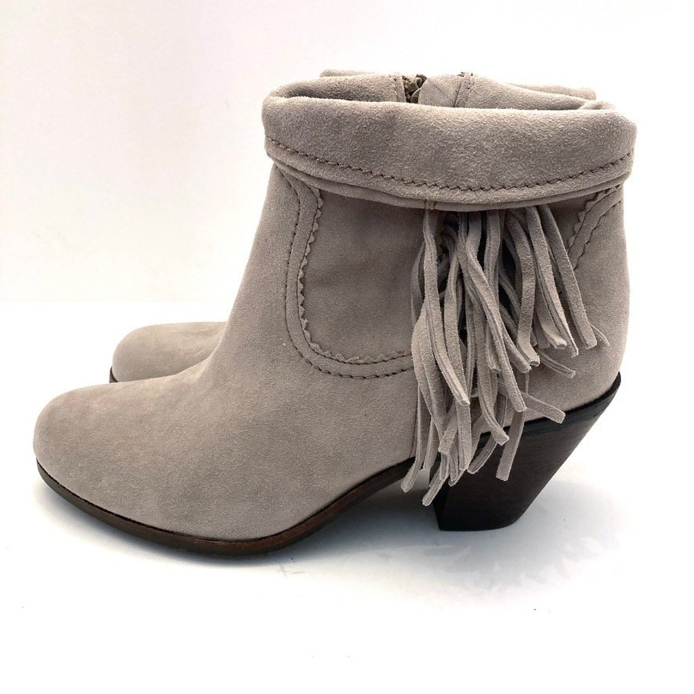 Sam Edelman Louie Suede Fringe Booties Womens 7.5 W Wide Taupe Side Zip NWOT